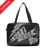 Front black Cykochik custom "Stop Hate Make Love" vegan laptop travel tote bag by Loyal KNG