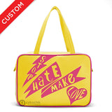 Front yellow and hot pink Cykochik custom "Stop Hate Make Love" vegan laptop travel tote bag by Loyal KNG