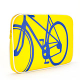 3/4 yellow and blue Cykochik custom "10-Speed" bicycle applique 15" vegan laptop sleeve by artist Michelle White