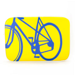 Front yellow and blue Cykochik custom "10-Speed" bicycle applique 15" vegan laptop sleeve by artist Michelle White