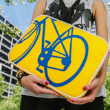 Model  yellow and blue Cykochik custom "10-Speed" bicycle applique 15" vegan laptop sleeve by artist Michelle White