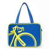 Front blue and yellow Cykochik custom "10-Speed" bicycle applique vegan laptop/travel/diaper tote bag by Berkeley artist Michelle White