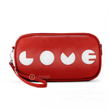 Front red and white Cykochik custom "Love" applique vegan case clutch wristlet bag by artist Willie Baronet