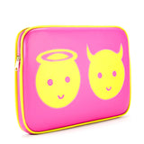 3/4 hot pink Cykochik custom "Angel and Devil" applique 15" vegan laptop sleeve by artist Willie Baronet