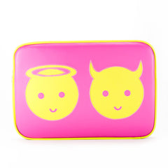 Front hot pink Cykochik custom "Angel and Devil" applique 15" vegan laptop sleeve by artist Willie Baronet