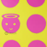 Detail Chartreuse and hot pink Cykochik custom "Angel and Devil Circles" applique laptop travel vegan tote bag by artist Willie Baronet