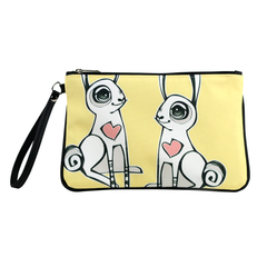 Front black Cykochik custom "Love Bunnies" rabbit eco-canvas vegan clutch wristlet bag by Berkeley artist Michelle White