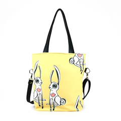 Front black Cykochik custom "Love Bunnies" rabbit eco-canvas vegan crossbody tote bag by Berkeley artist Michelle White