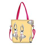Front hot pink Cykochik custom "Love Bunnies" rabbit eco-canvas vegan crossbody tote bag by Berkeley artist Michelle White
