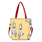 Front red Cykochik custom "Love Bunnies" rabbit eco-canvas vegan crossbody tote bag by Berkeley artist Michelle White