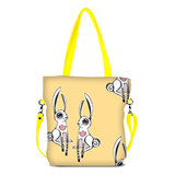 Front yellow Cykochik custom "Love Bunnies" rabbit eco-canvas vegan crossbody tote bag by Berkeley artist Michelle White