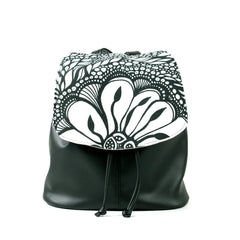 Cykochik "Botanica" black eco-friendly vegan drawstring backpack purse by Dallas artist Jody Pham