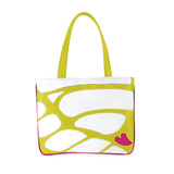 Front chartreuse and white Cykochik custom Monarch butterfly applique eco-friendly vegan tote bag