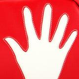Detail red and cream Cykochik custom hand print applique eco-friendly vegan clutch wristlet by Dallas artist Kevin Obregon