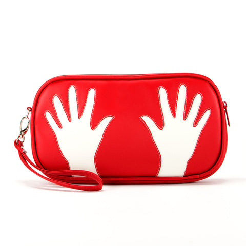 Front red and cream Cykochik custom hand print applique eco-friendly vegan clutch wristlet by Dallas artist Kevin Obregon
