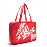 3/4 red Cykochik custom "Stop Hate Make Love" applique vegan laptop travel tote bag by Loyal KNG