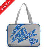 Front gray and blue Cykochik custom "Stop Hate Make Love" vegan laptop travel tote bag by Loyal KNG