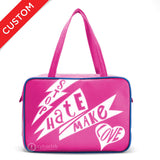 Front hot pink and white Cykochik custom "Stop Hate Make Love" vegan laptop travel tote bag by Loyal KNG