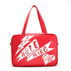 Front red Cykochik custom "Stop Hate Make Love" applique vegan laptop travel tote bag by Loyal KNG