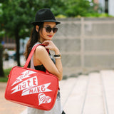 Model red Cykochik custom "Stop Hate Make Love" applique vegan laptop travel tote bag by Loyal KNG