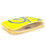 Inside yellow and blue Cykochik custom "10-Speed" bicycle applique  15" vegan laptop sleeve by artist Michelle White