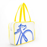 3/4 yellow and blue Cykochik custom "10-Speed" bicycle applique vegan laptop/travel/diaper tote bag by Berkeley artist Michelle White