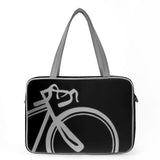Front black and gray Cykochik custom "10-Speed" bicycle applique vegan laptop/travel/diaper tote bag by Berkeley artist Michelle White