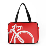 Front red and white Cykochik custom "10-Speed" bicycle applique vegan laptop/travel/diaper tote bag by Berkeley artist Michelle White