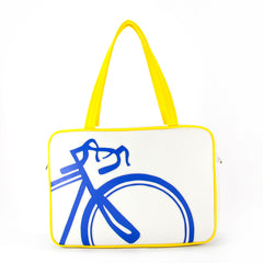 Front yellow and blue Cykochik custom "10-Speed" bicycle applique vegan laptop/travel/diaper tote bag by Berkeley artist Michelle White