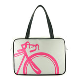 Front gray and hot pink Cykochik custom "10-Speed" bicycle applique vegan laptop/travel/diaper tote bag by Berkeley artist Michelle White