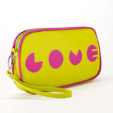 3/4 chartreuse Cykochik custom "Love" applique vegan case clutch wristlet bag by artist Willie Baronet