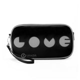 Front black and gray Cykochik custom "Love" applique vegan case clutch wristlet bag by artist Willie Baronet