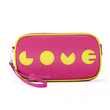 Front hot pink and chartreuse Cykochik custom "Love" applique vegan case clutch wristlet bag by artist Willie Baronet