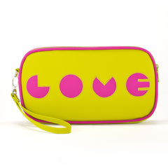 Front chartreuse Cykochik custom "Love" applique vegan case clutch wristlet bag by artist Willie Baronet