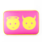 Front hot pink Cykochik custom "Angel and Devil" applique 15" vegan laptop sleeve by artist Willie Baronet