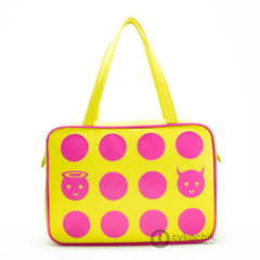Front Chartreuse and hot pink Cykochik custom "Angel and Devil Circles" applique laptop travel vegan tote bag by artist Willie Baronet