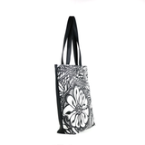 Side Black and white Cykochik custom Botanica floral eco-canvas vegan tote bag by artist Jody Pham