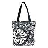 Front Black and white Cykochik custom Botanica floral eco-canvas vegan tote bag by artist Jody Pham