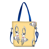 Front blue Cykochik custom "Love Bunnies" rabbit eco-canvas vegan crossbody tote bag by Berkeley artist Michelle White