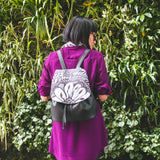 Cykochik "Botanica" black eco-friendly vegan drawstring backpack purse by Dallas artist Jody Pham