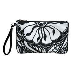 Front Black and white Cykochik custom Botanica floral eco-canvas vegan clutch wristlet bag by artist Jody Pham