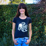 Model in Gray Cykochik Ocho octopus triblend women's t-shirt by Berkeley artist Michelle White 