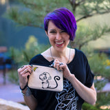 Cykochik "Monkey Moon" embroidered canvas vegan wristlet/crossbody bag - Illustration by artist Michelle White (Model)