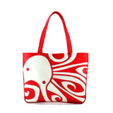 Front red and cream Cykochik custom "Ocho" octopus applique eco-friendly vegan tote bag by Berkeley artist Michelle White