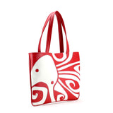 Side red and cream Cykochik custom "Ocho" octopus applique eco-friendly vegan tote bag by Berkeley artist Michelle White